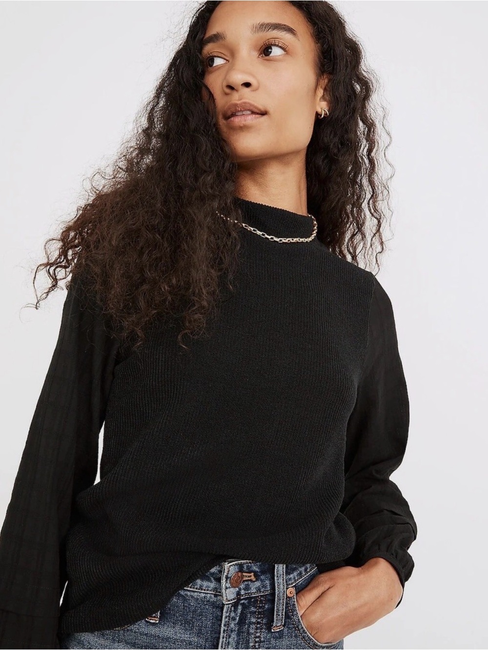 Madewell Weavemix Mockneck Bubble Sleeve Black Mock Neck Sweater Women’s SMALL